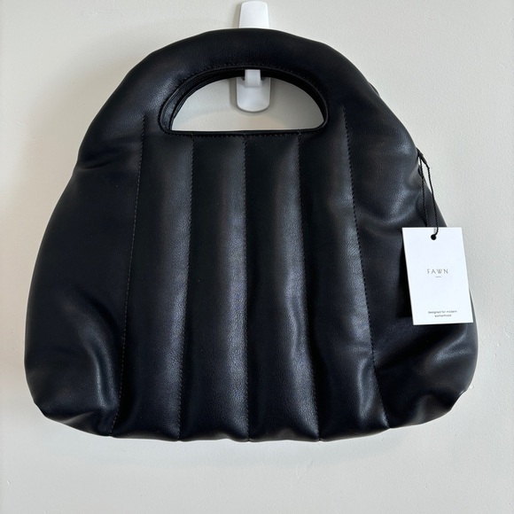 Fawn Design womens black matte quilted handbag NWT with dust bag and strap